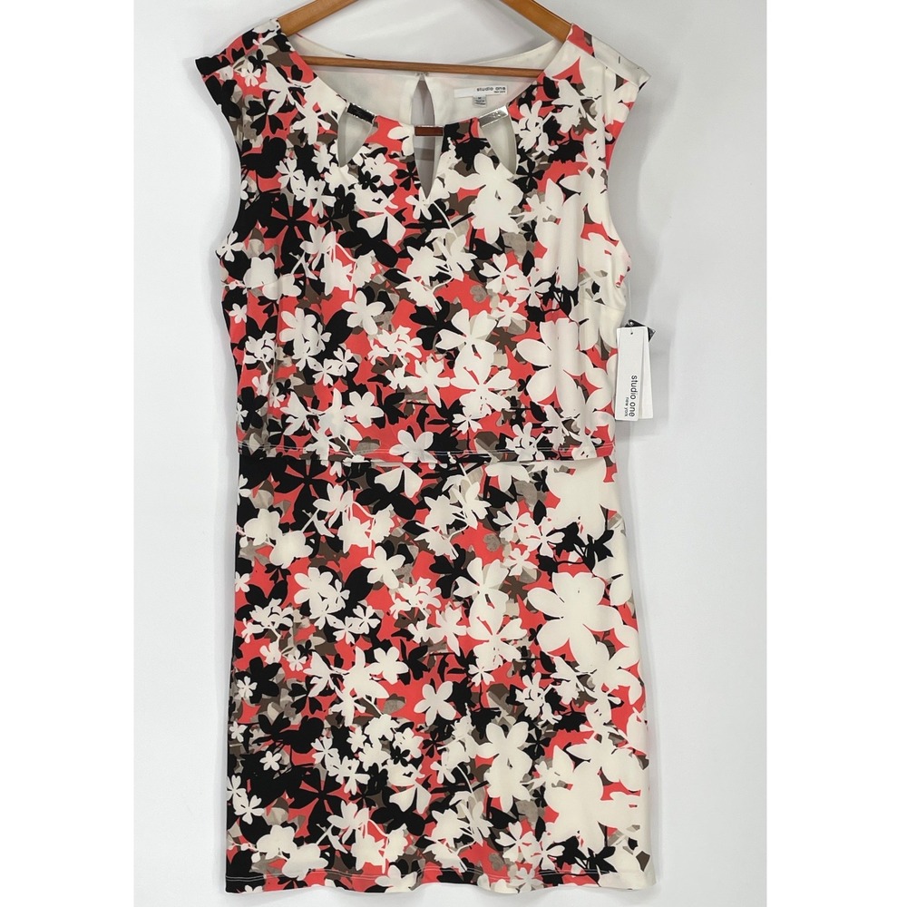 NWT Studio One Women Dress M Sheath Coral Floral Cutout Neckline Sleeveless